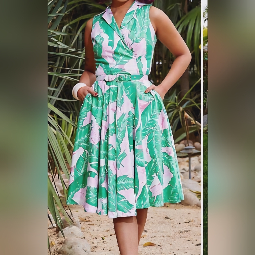 Pinup Girl Clothing Edie Palm Leaf Print Dress Plus Size 2x
